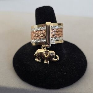 Tricolor Gold Filled Ring Stack with Elephant Charm Size 12